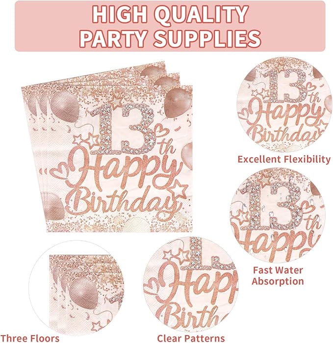 96 Pcs Rose Gold 13th Birthday Party Supplies 13th Birthday Plates and Napkins Tableware Sets Happy 13th Birthday Decorations Favors for Girls 13 Year Old Birthday Official Teenager Party Serves 24