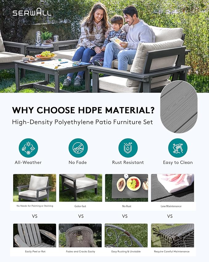 SERWALL HDPE Patio Furniture Set, 7-Piece Outdoor Sectional Sofa Set, All Weather Outdoor Couch Set for Deck, Lawn, Grey Frame with Khaki Cushion