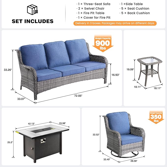 ovios 5 Pieces Patio Furniture Set, Outdoor Wicker Sofa Couch with Swivel Chairs 42" Fire Pit Table, All Weather High Back Modern Conversation Sets, Grey Rattan, Denim Blue