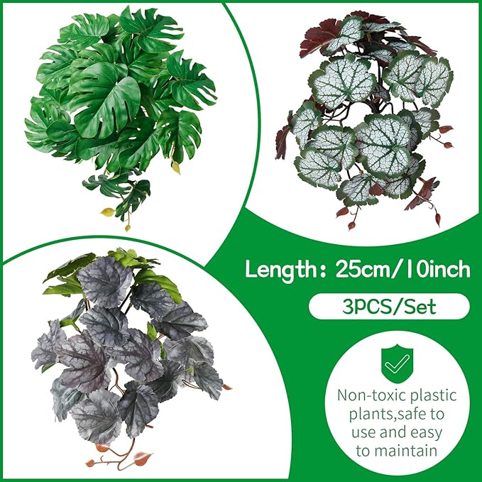 Dsoar 3 PCS Reptile Plants Artificial Hanging Plants with Suction Cup Pets Habitat Climbing Decorations Amphibian Terrarium Fake Plants