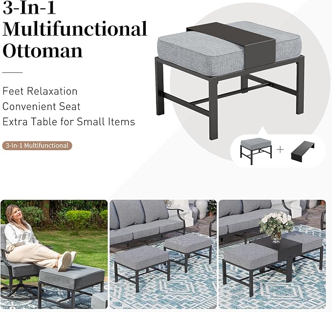 6 Piece Metal Outdoor Patio Furniture Set, Patio Conversation Set 1 3-seater Sofa, 2 Rocking Chair, 2 Ottomans with 5.75" Thick Cushion and Coffee Table, Black Backyard Furniture, Gray