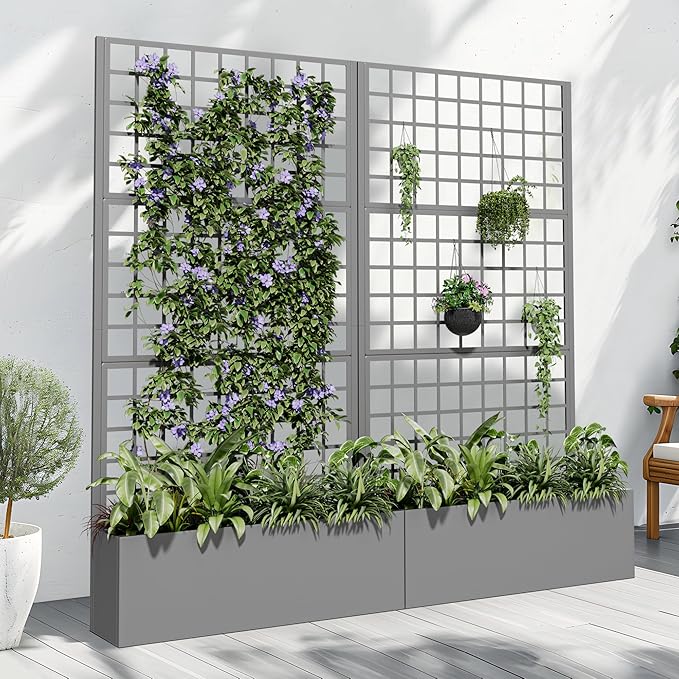 Casaphoria Metal Raised Garden Bed with Trellis and Wheels, 72"x35"x16" Planter Box for Climbing Plants, Vegetables & Vines, Features Drainage Holes and Privacy Screen (Gray-Square)