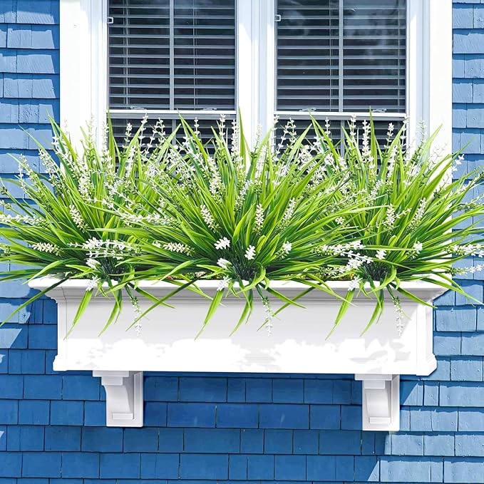 10 Pcs Artificial Plants Outdoor, UV Resistant Fake Outdoor Flowers Plants Faux Plastic Monkey Grass for Outside Front Porch Garden Window Box Home Office Planters Desk Decor (White)