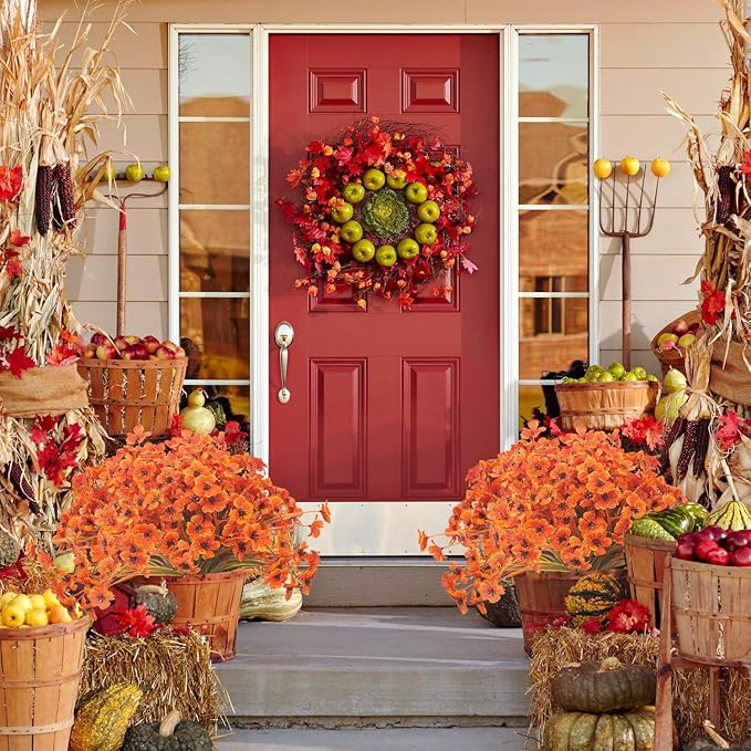 20PCS Autumn Fall Artificial Flowers Outdoor, Fall Porch Decorations, Realistic Waterproof Faux Flowers for Outside Porch Decor, Thanksgiving Halloween Home Garden Decor (Fall Red)