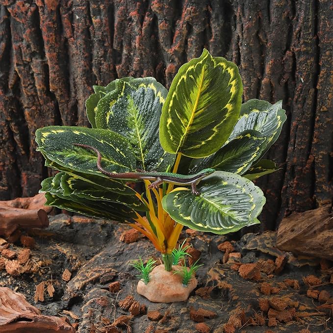 IBWell Reptile Plants - Tortoise Habitat Accessories, Artificial Spider Plant for Gecko, Ball Python, Tortoise Terrarium Decor - Calathea Makoyana B