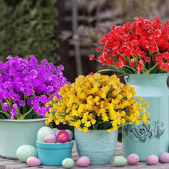 Artificial Fake Flowers, 16 Bundles Outdoor UV Resistant Greenery Shrubs Plants Indoor Outside Hanging Planter Home Garden Decorating (Yellow-Daffodil)