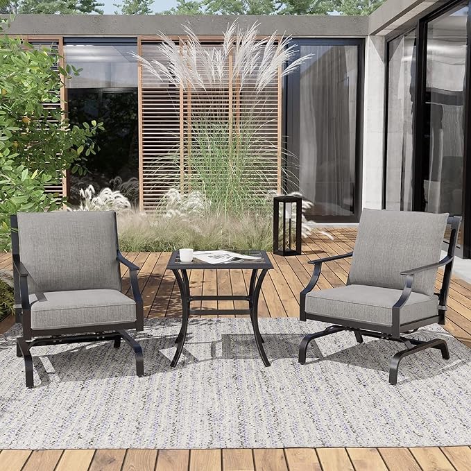 Grand patio Rocking Chairs Patio Chairs Bistro Sets Conversation Chair Set Indoor Outdoor Chat Set Motion Chair A Comfortable Shake of 5-10° Unique Design Patio Set with Grey Cushions 3-Piece