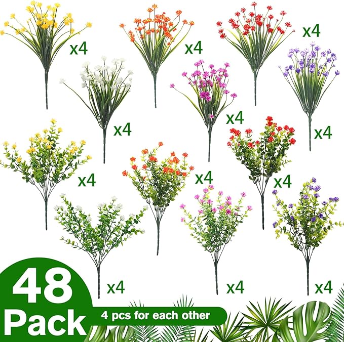 WILLBOND 48 Bundles Artificial Flowers Outdoor,UV Resistant Faux Plastic Plants Greenery Shrubs Flower Bulk for Hanging Planter Porch Window Home Wedding Spring Summer Decor (Fresh Color)