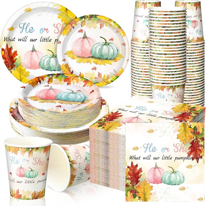 Hsei 250 Pcs Gender Reveal Pumpkin Plates and Napkins Party decorations Disposable Tableware Sets Baby Shower Birthday Party Supplies Serves 50 Guests Dinnerware Baby Bridal Shower Party Favors