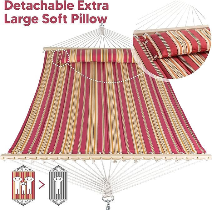 SUNCREAT Double Hammock Quilted Fabric Swing with Spreader Bar, Detachable Pillow, 55” x79” Large Hammock, Red Stripes