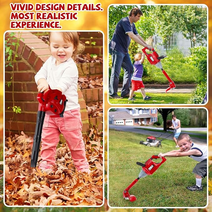 2 Pcs Toy Gardening Tool Set for Kids Leaf Blower, Toy Weed Trimmer Battery Powered Gardening Tool Set with Lights and Sounds Gift for Boys Girls