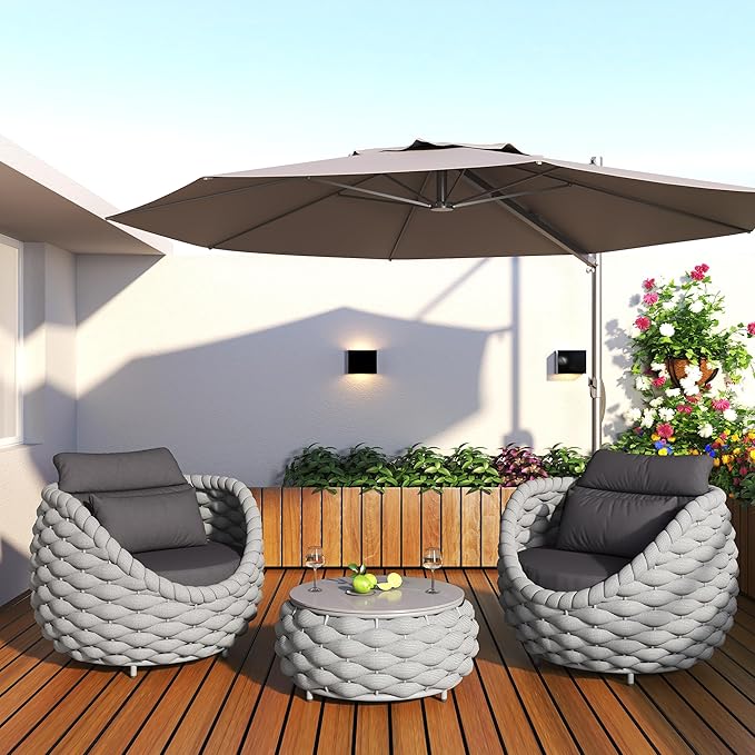 TWT 3 Pieces Aluminum Patio Furniture Set, Hand Woven Polyester Rope Modern Outdoor Furniture w/Washable Cushion and Rock Slab Tabletop, Conversation Sofa Set for Livingroom Poolside Balcony (Grey)