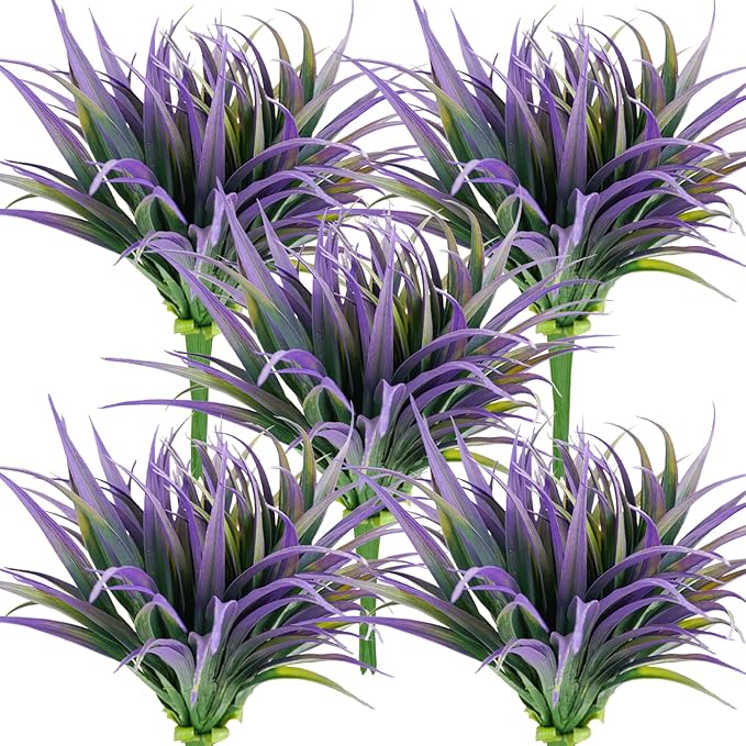 32Pcs Artificial Grass Fake Plants 17.3in Outdoor Plants UV Resistant Faux Greenery Stems Fake Grass for Home Window Garden Office Patio Pathway Front Porch Halloween Décor Green & Purple