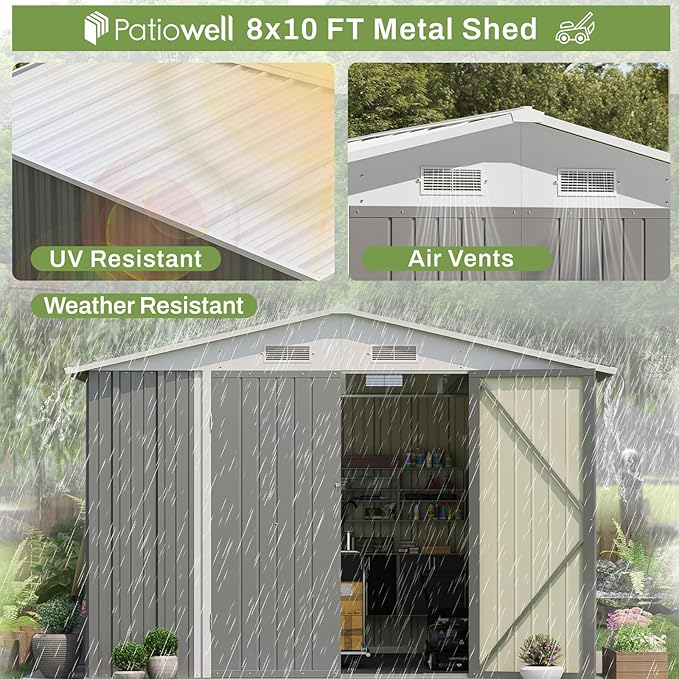 Patiowell 8x10 FT Outdoor Storage Shed with Floor Frame, Large Garden Tool Metal Shed with Sloping Roof and Double Lockable Door, Outdoor Shed for Backyard Garden Patio Lawn,Grey