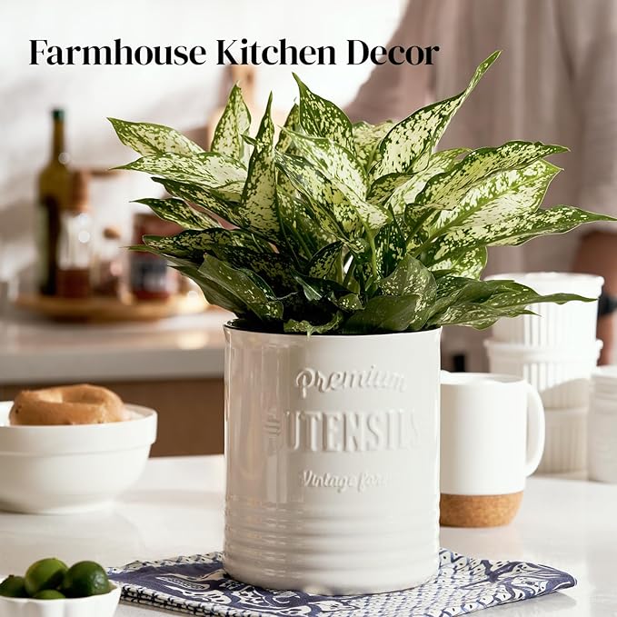 DOWAN 7.2″ Extra Large Kitchen Utensil Holder, Farmhouse Utensil Holder for Countertop, Ceramic Utensil Crock with Protection Cork Mat, Utensil Organizer for Kitchen Decor & Housewarming Gift, White