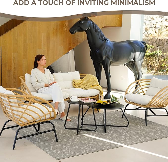 Grand patio 5-Piece Boho Outdoor Furniture Set, Wicker Sofa Set with Beige Thick Cushions and 2 Coffee Tables, Conversation Set for Backyard,Balcony,Poolside