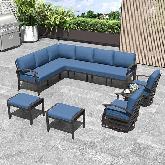 Kurapika Patio Furniture Set 10-Piece Aluminum Sectional Sofa with Armrest, Modern Outdoor Conversation Set, Metal Corner Sofa with Ottoman, Navy Blue