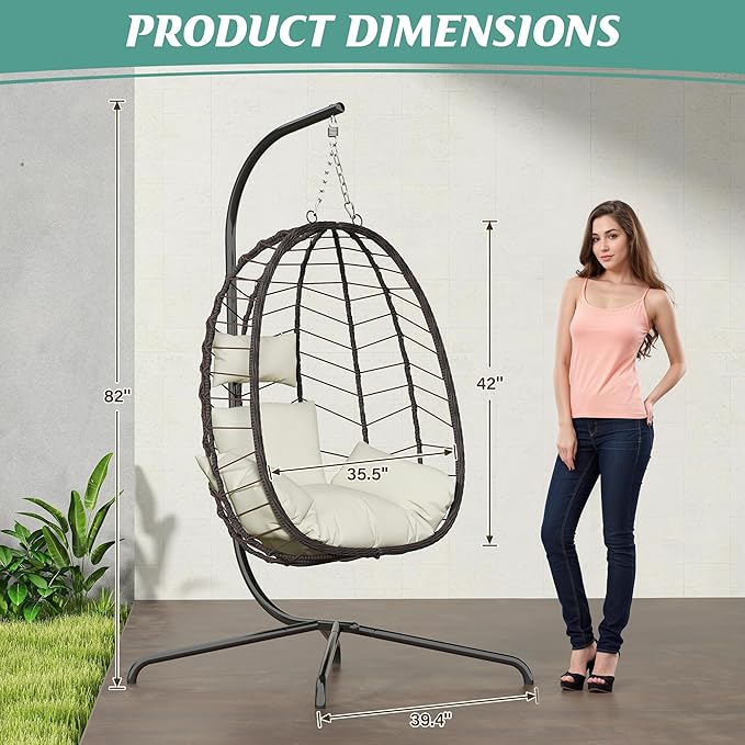Hanging Egg Chair with Stand, Swinging Egg Chair Outdoor Indoor, Hanging Basket Chair with Cushion, Patio Wicker Hammock Chair 350lbs Capacity for Bedroom, Balcony, Backyard, Garden (Beige)