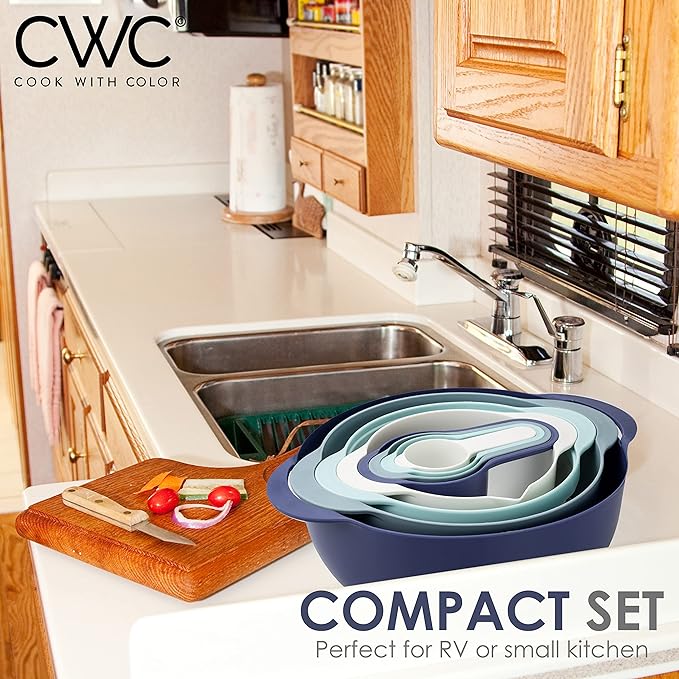 COOK WITH COLOR 8Pc Nesting Bowl Set, Teal - Includes 2 Mixing Bowls, Colander, Sifter, 4 Measuring Cups, Polypropylene, Dishwasher Safe, BPA Free