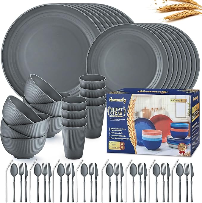 Wheat Straw Dinnerware Sets,64-Piece Plates and Bowls Sets for 8-Unbreakable,Reusable Plastic Dish Set-Dinner Plate/Dessert Plate/Cereal Bowl/Cup/Utensils-Microwavable Dishwasher Safe 64P-Deep Gray