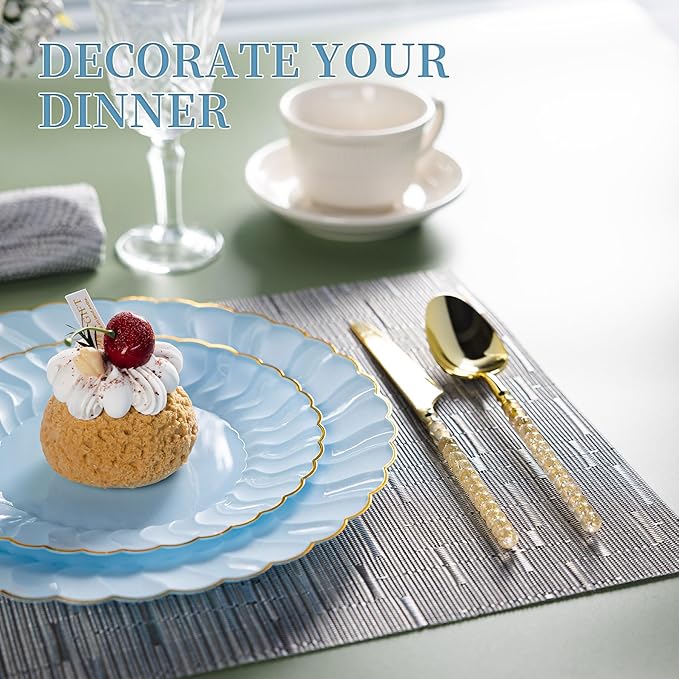 Lullaby 60PCS Light Blue Plastic Plates with Gold Rim, Includes 30PCS Dinner Plate 10'' and 30PCS Dessert Plate 7.5'', Baby Blue Plastic Plates for Party, Wedding and Daily Use