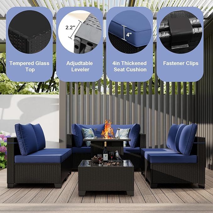 Patio Furniture Set with Fire Pit Table 28", 8-Piece Outdoor Furniture Set with Thick Cushions, Wicker Sectional Sofa for Porch Garden Backyard, Coffee/Blue