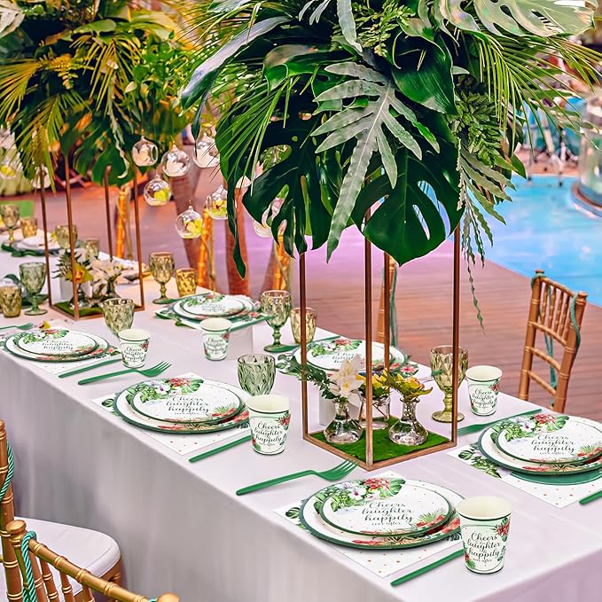 350 Pcs Tropical Wedding Bridal Shower Paper Plate Palm leaf Napkin Cup Hibiscus flower Disposable Tableware Set With Knives Fork Cheers to Love Bachelorette Party Favor for 50 Guest