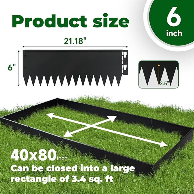 Metal Lanscape Edging 20“ L * 6” H Strips Black Steel Edging for Lanscape 12pcs for Enhanced Garden, Yard, Park, DIY Outdoor Patio (Black, 6 inch)