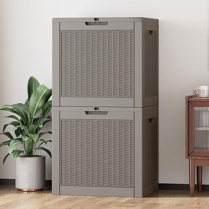 NUNU LAB 32 Gallon Resin Deck Box 2 Pack Outdoor Indoor Waterproof Storage Box for Patio Cushions, Garden Tools, Pool Accessories,Backyard Storage Bin,Grey