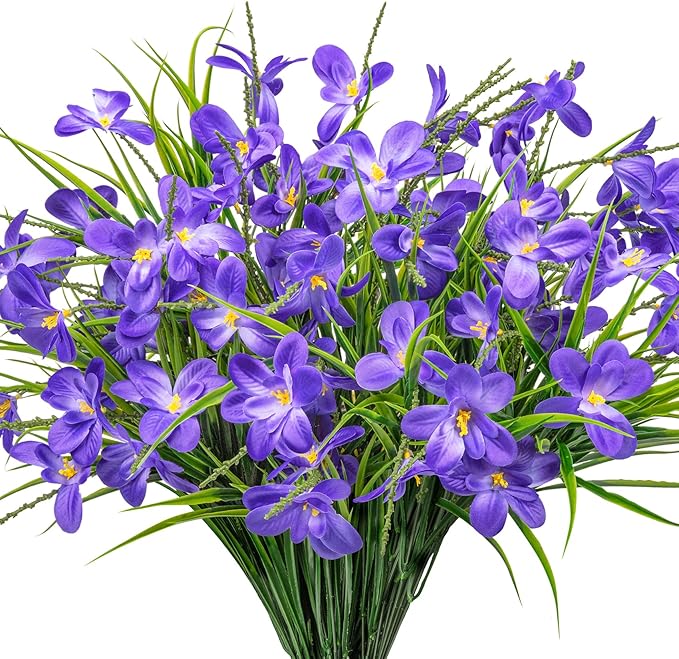 Ouddy Decor 12 Bundles Artificial Flowers for Outdoors Decoration, Fake Freesia Silk Flowers UV Resistant Artificial Plants for Summer Indoor Outside Garden Wedding Farmhouse Porch Home Decor, Purple