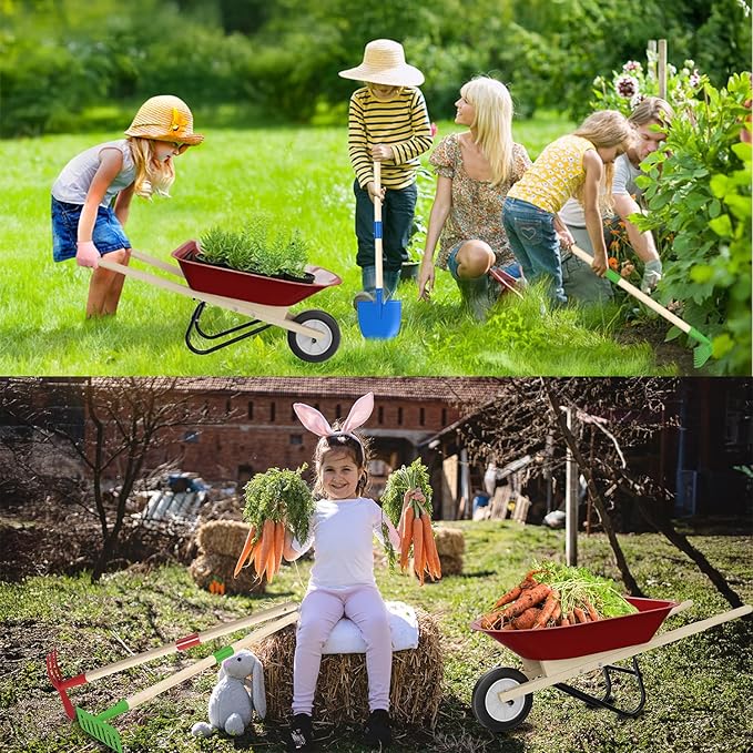 Kids Wheelbarrow Set with Gardening Tools Outdoor Backyard Garden Play for Toddlers Boys Girls 3-8, with Shovel, Rake, Leaf Rake, Easter Birthday Gifts (Red Garden Set)