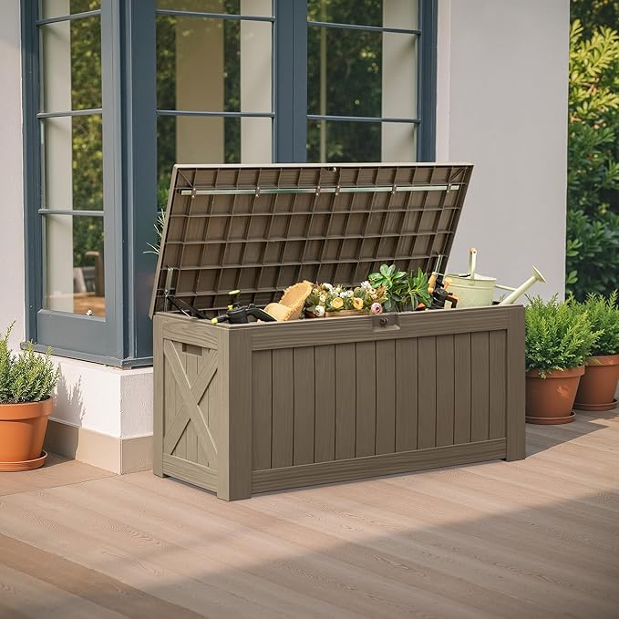 Flamaker Resin Deck Box 120 Gallon Waterproof Large Outdoor Indoor Storage Box Imitation Wood Resin for Patio Furniture Garden Tools and Pool (Brown)