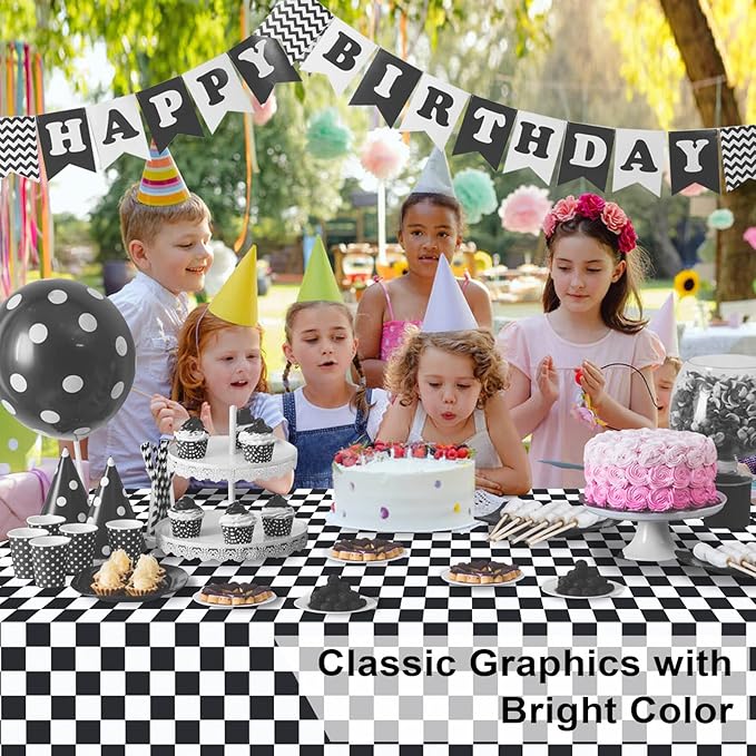 3 Pack Black and White Checkered Tablecloth, Plastic Table Cloths for Parties Disposable, 54 x 108 inch Waterproof Black Checkered Flag Table Cloth for Birthday, Party, Picnic, School