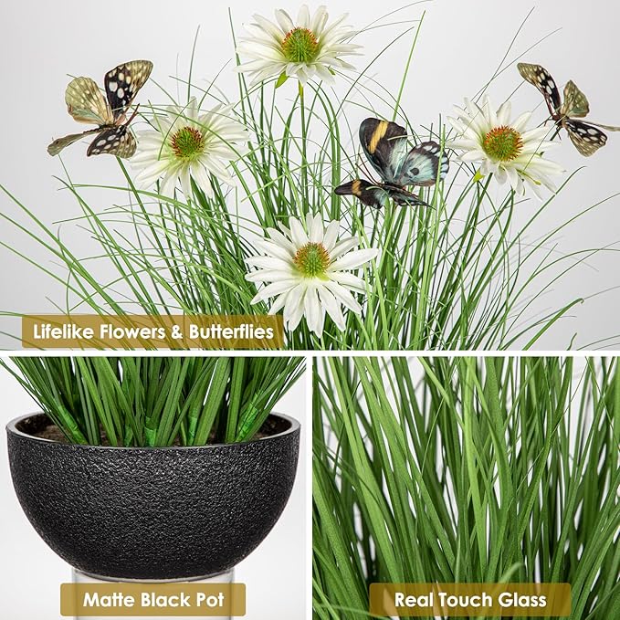 Artificial Plants Indoor with Pot, 17.3" Fake Potted Plants Artificial Onion Grass Plant with White Daisies Flowers and Butterflies Small Faux Plant Indoor for Home Living Room Table Shelf Decor