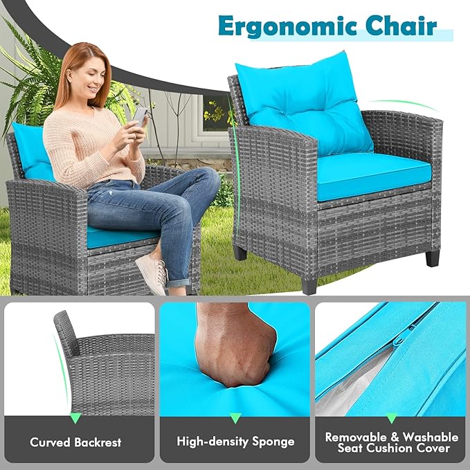 HAPPYGRILL 3 Pieces Patio Conversation Set, Outdoor Furniture Set PE Rattan Sofa Set with Removable Cushions, PE Wicker Chairs with Tempered Glass Side Table for Porch Lawn Garden Balcony Backyard