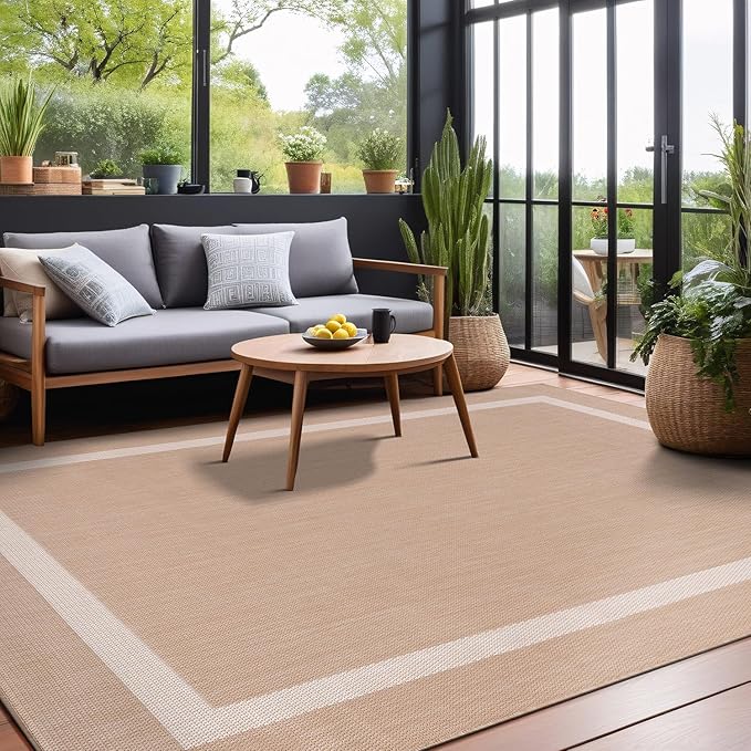 Bordered Outdoor Rug 10x14 Washable Outside Carpet for Indoor Patio Porch Waterproof Easy Cleaning Non Shedding Area Rugs Beige 10 x 14