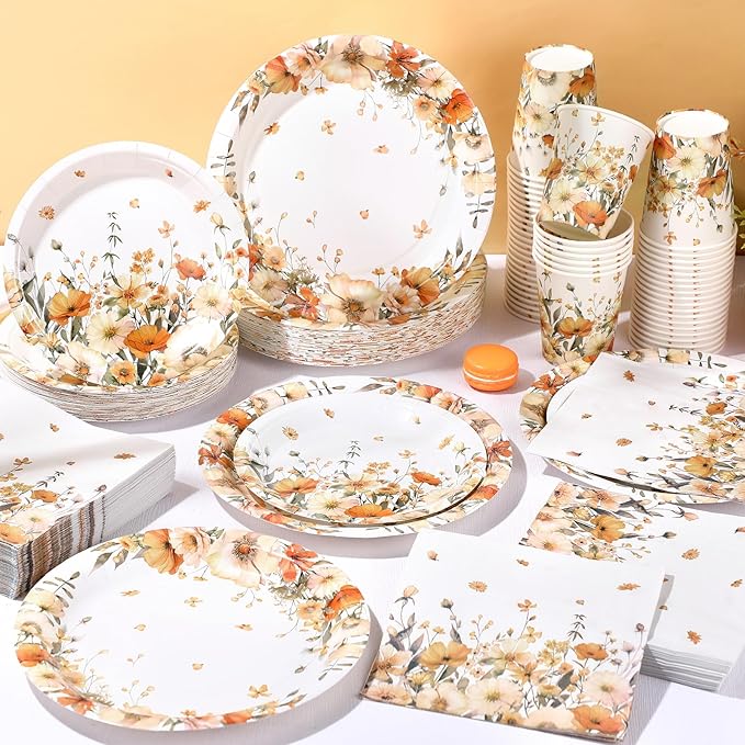 250 Pcs Fall Floral Party Decorations Include Autumn Flowers Paper Plates Napkins and Cups for Autumn Wedding Baby Shower Birthday Party Decorations, Serve 50 Guest