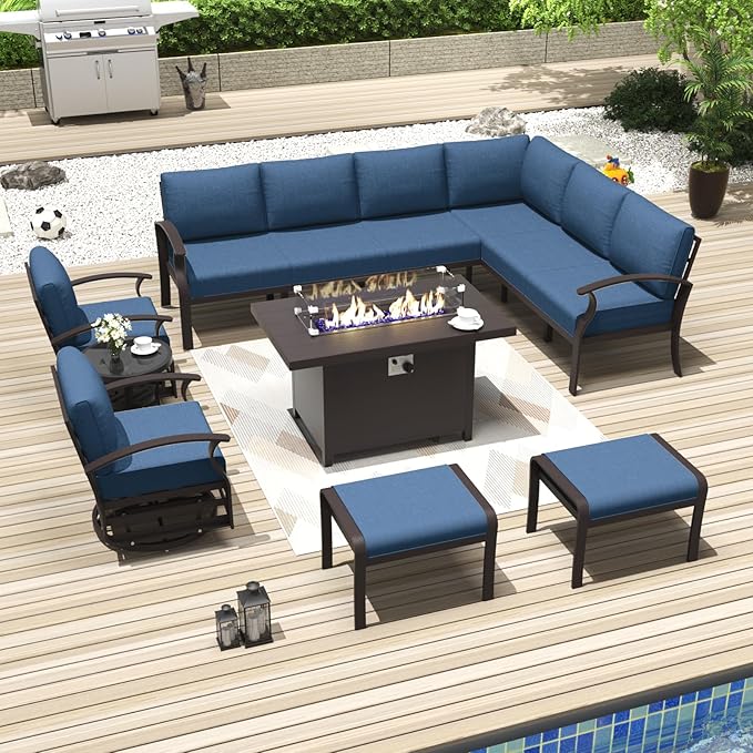 Kurapika Patio Furniture Set 10-Piece Aluminum Sectional Sofa with Armrest, Modern Outdoor Conversation Set w/55000 BTU Propane Fire Pit Table, Metal Corner Sofa with Ottoman, Navy Blue