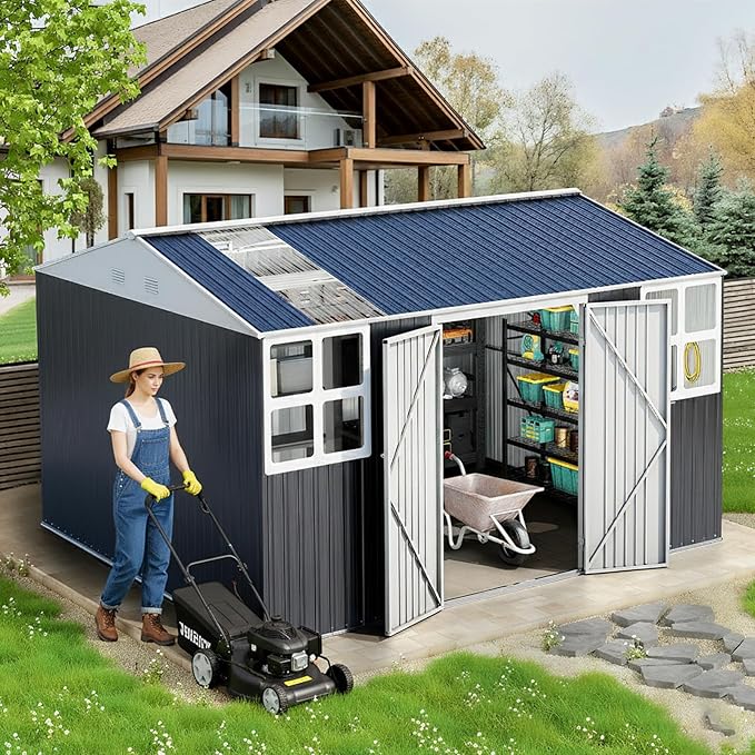 12x10 FT Metal Sheds & Outdoor Storage: Heavy Duty Garden Sheds with Dual Transparent Panels, 2x4-Pane Windows & Hinged Double Doors, Weatherproof Tool Shed for Backyard, Garden, Patio, Grey/White