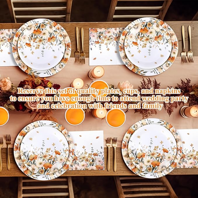 250 Pcs Fall Floral Party Decorations Include Autumn Flowers Paper Plates Napkins and Cups for Autumn Wedding Baby Shower Birthday Party Decorations, Serve 50 Guest