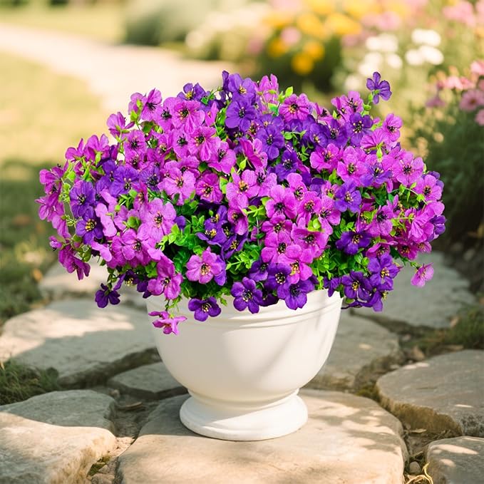 Artificial Flowers for Outdoors, 12 Bundles Outdoor Faux Plants,Uv Resistant Artificial Fake Flowers Plants, Realistic Spring Decor for Porch, Patio, Yard (DoublePurple)