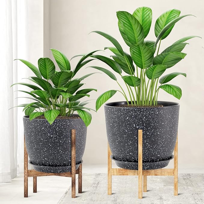 Modern Plant Pots Set, 9/8/7.5 inch Plastic Planters for Indoor Plants, Stylish Flower Pots with Drainage Holes and Saucers for House Plants and Flowers, Black Speckles