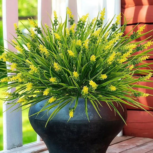36 Bundles Artificial Plants Outdoor, 18.2" UV Resistant Faux Monkey Grass Greenery Stems No Fade Faux Plastic Flowers Shrubs for Home Weddings Garden Porch Front Patio Office Decor - Yellow