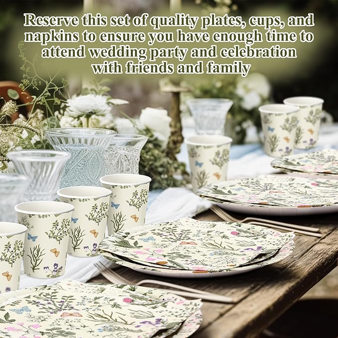 250 Pcs Wildflower Party Decorations Include Spring Summer Floral Paper Plates Napkins and Cups for Wildflower Baby Shower Tea Decorations, Serve 50 Guest(Light Green,Vintage Style)