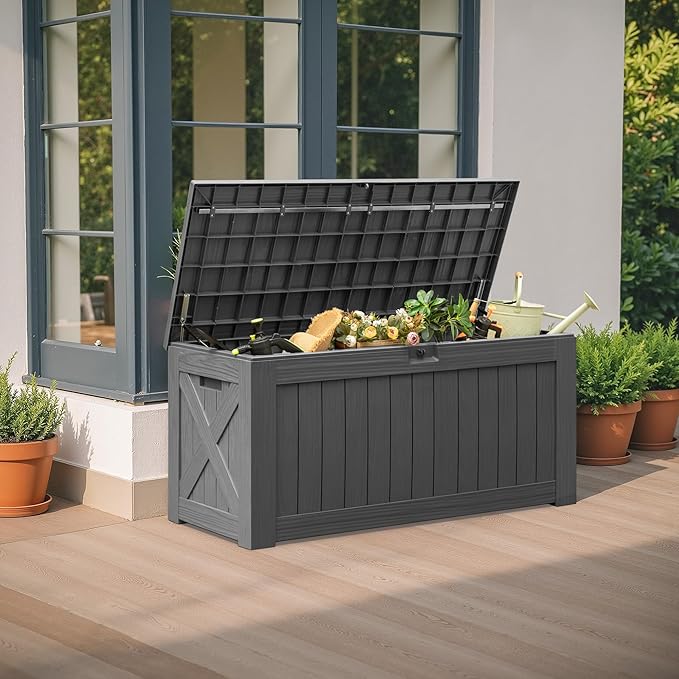 Flamaker Resin Deck Box 120 Gallon Waterproof Large Outdoor Indoor Storage Box Imitation Wood Resin for Patio Furniture Garden Tools and Pool (Gray)