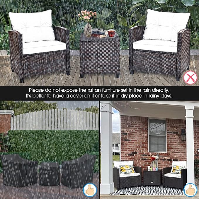 HAPPYGRILL 3 Pieces Patio Conversation Set, Outdoor Furniture Set PE Rattan Sofa Set with Removable Cushions, PE Wicker Chairs with Tempered Glass Side Table for Porch Lawn Garden Balcony Backyard