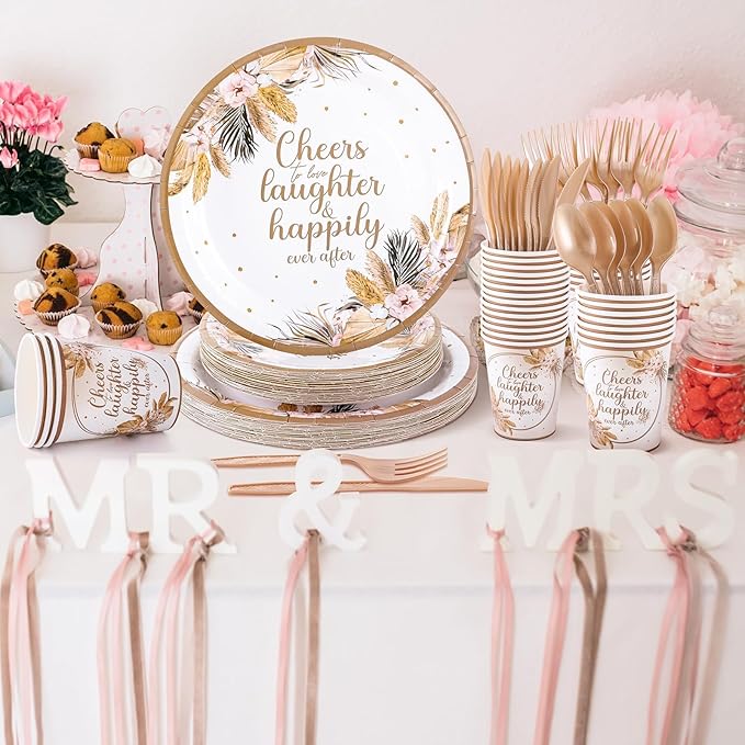 350 Pcs Boho Bridal Shower Paper Plates Napkins Cups Disposable Tableware Sets With Knives Forks Spoons Cheers to Love Bridal Shower Party Favors for 50 Guests Wedding Engagement Decorations (boho)