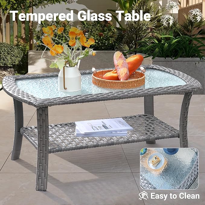 ovios 4 Pieces Patio Furniture Set, Outdoor Wicker Sofa with Coffee Table, Chairs, All Weather High Back Rattan Loveseat Couch with Comfy Cushions, Denim Blue