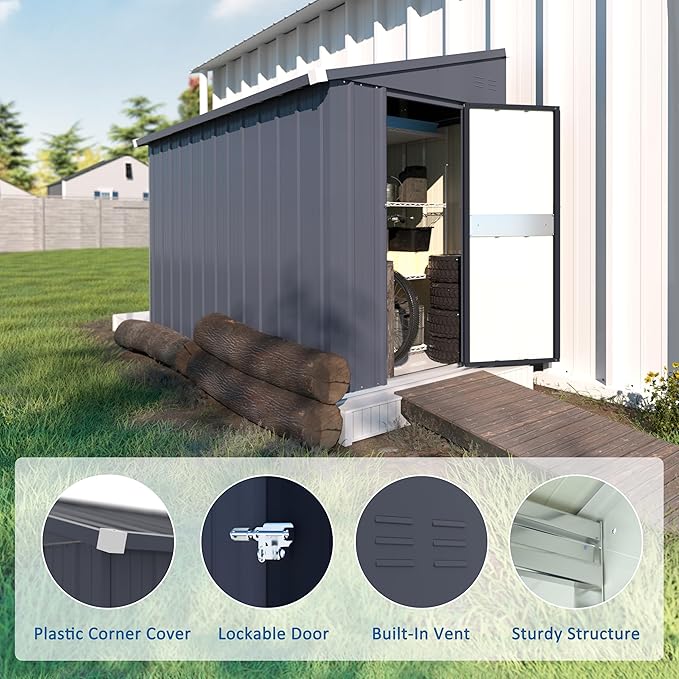 MUPATER Outdoor Storage Shed 4x8 FT, Garden Tool Storage Shed House, Metal Shed Kit for Backyard Lawn with Door and Lock, Grey