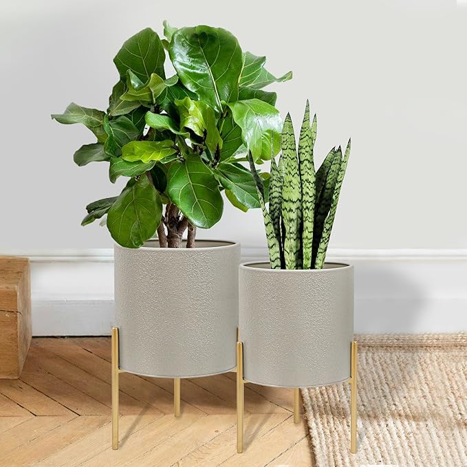 ARNIS Modern Planter Pots, Large Planters with Stand, Set of 2 Metal Planters for Plants with Drainage Holes for Living Room, Office, Garden or Balcony, 8.25 &10.5 Inch, Grey